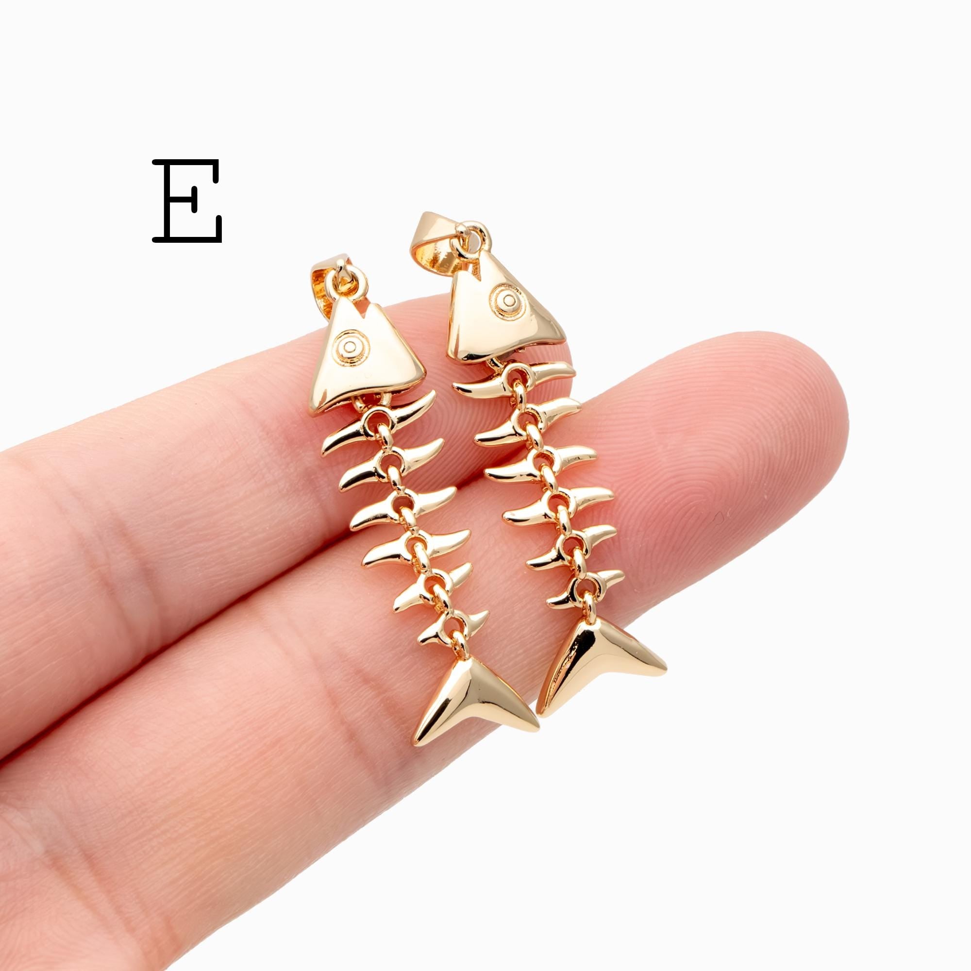 4pcs Gold/ Silver Tone Fishbone Charm, Gold/ Rhodium Plated Brass Fishbone Pendant, Skeleton Pendant (GB-2936)